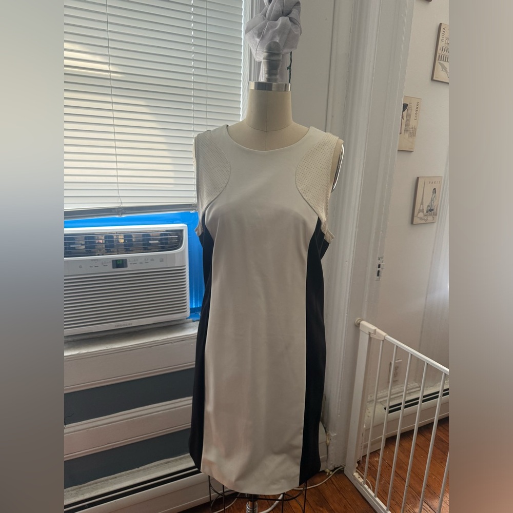 White and Black Faux Leather Color Block Dress
